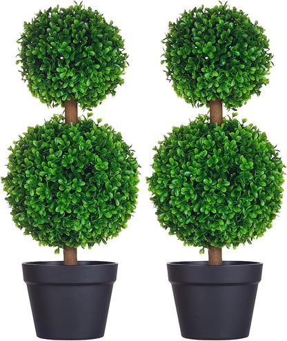 HOMCOM Set of 2 23.6" Artificial Ball Boxwood Topiary Trees with Pot, Indoor Outdoor Fake Plants for Home Office & Living Room Decor