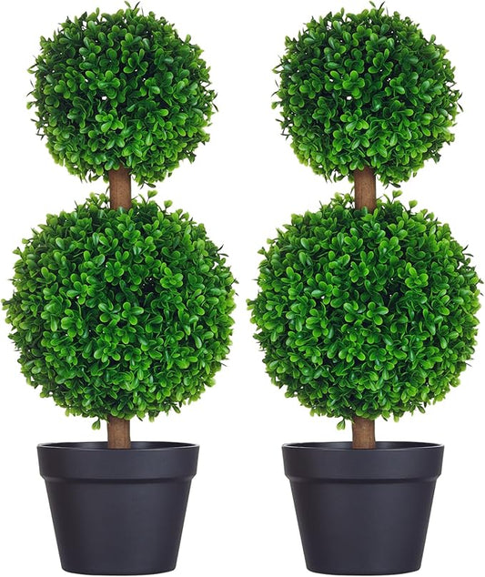 HOMCOM Set of 2 23.6" Artificial Ball Boxwood Topiary Trees with Pot, Indoor Outdoor Fake Plants for Home Office & Living Room Decor