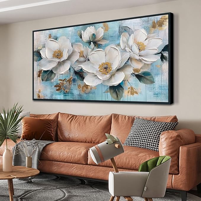 Ardemy White Floral Wall Art, Framed Teal Canvas Wall Art For Living Room Large Magnolia Pictures Wall Decor Flower Paintings Artwork for Walls Dining Room Bedroom Home Office 48"x24"