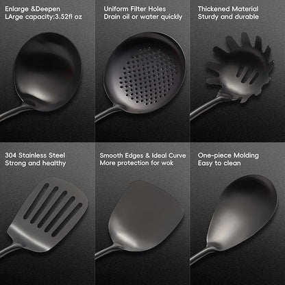 Stainless Steel Kitchen Utensils Set with Wood Handle, 18/10 Metal Cooking Utensils Set, 10-Piece - Spatula, Spoon, Ladle, Skimmer, Slotted Turners, Pasta Server, Fork, Masher(Dishwasher Safe)