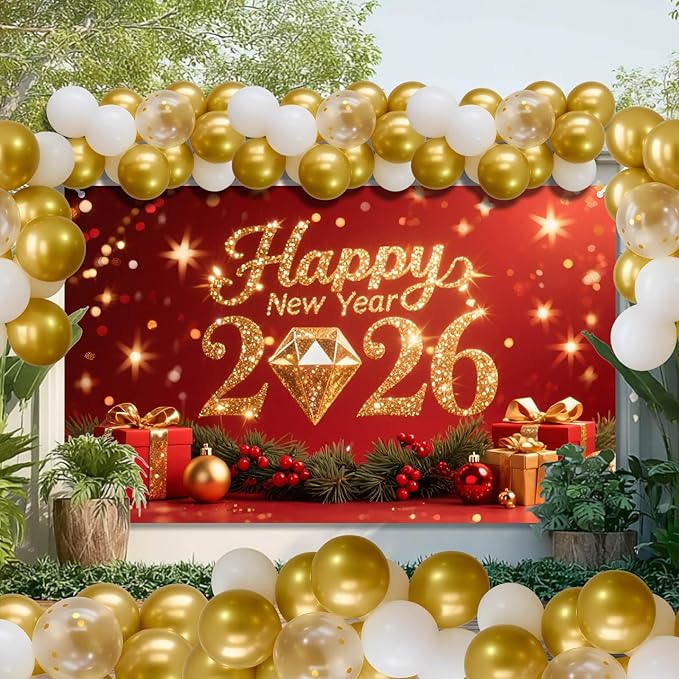 2026 Happy New Year Backdrop Gold Diamond Glitter Banner Red Background with Gift Boxes Party Decoration Photography Background 71x43 Inches New Year Eve Celebration Decor