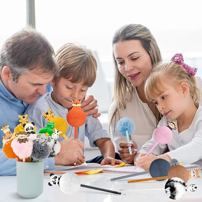 12 Pcs Pom Pom Pens with 3D Animals Fluffy Pen Cute Fun Kawaii Pens for Girl Colorful 3D Animals Shape Pompom Pen for Classroom Prizes Office Supplies
