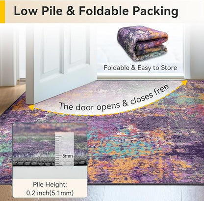 Washable Area Rugs 5'x7' Non-Slip Modern Abstract Soft for Living Room Entryway Bedroom Nursery, Print Pattern, Purple Orange Blue Green Rust Red Colorful