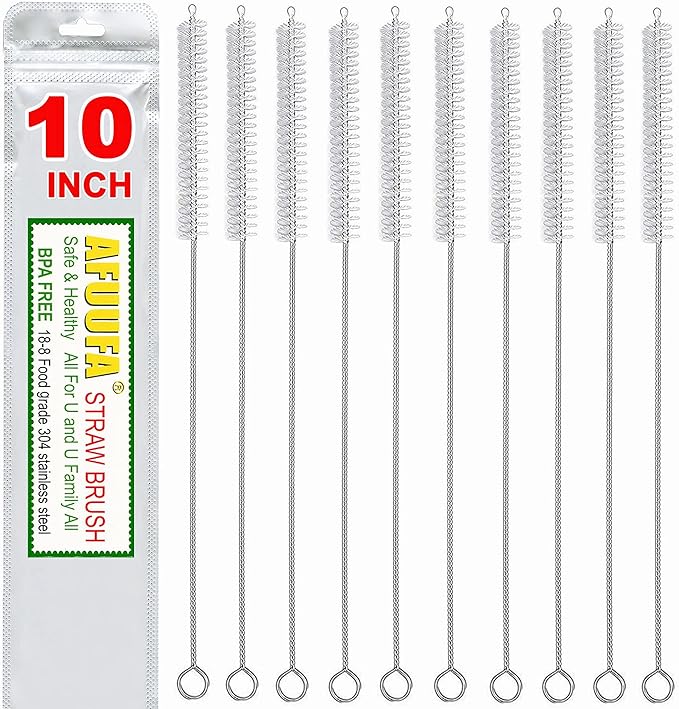 Straw Cleaner Brush for Stanley Cup, Pipe Cleaners Extend 10in Length x 2/5in diam, Straw Cleaning Brush for Tube, Tube Cleaner with Nylon Bristles and Stainless Steel Handle Set of 10 Pack