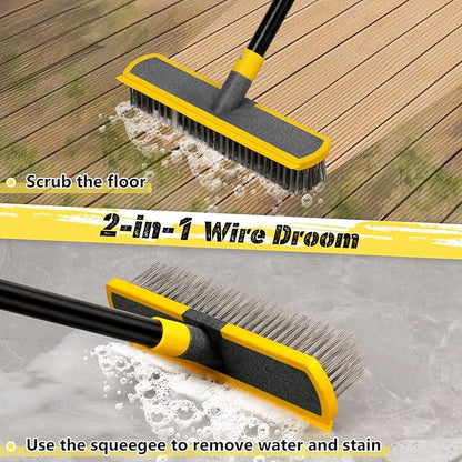 Heavy Duty Broom Wire Floor Scrub Brush with Long Handle, 2 in 1 Scrape and Stainless Steel Bristle Brooms Scrubber for Deck Concrete Patio Outdoor Moss Removal