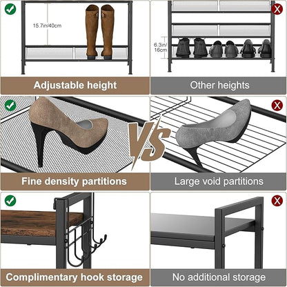 Refrze Shoe Rack for Front Door Entrance, 5 Tier Height-Adjustable Metal Shoe Rack, Sturdy Wooden Top and Tiltable Steel Frame Heavy Duty Shoe Organizer for Bathroom,Bedroom,Kitchen，Include Hook