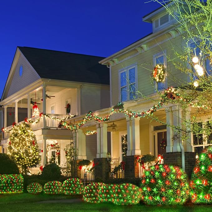 WBao Christmas Lights, 200LED 9.8ft x 6.6ft Christmas Bush Lights, 8 Modes, Timer, End to End Connectable, Waterproof Design for Lawn, Bush, Tree Outdoor Xmas Decorations, Red Green (Clear Wire)