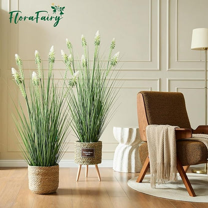 4ft 2-Pack Horsetail Reed Grass with White Cockscomb Flower, 48in Tall Indoor Outdoor Green Onions Fake Plants in Pot, Home Office Decorative Artificial Plant & Greenery, Wedding Décor