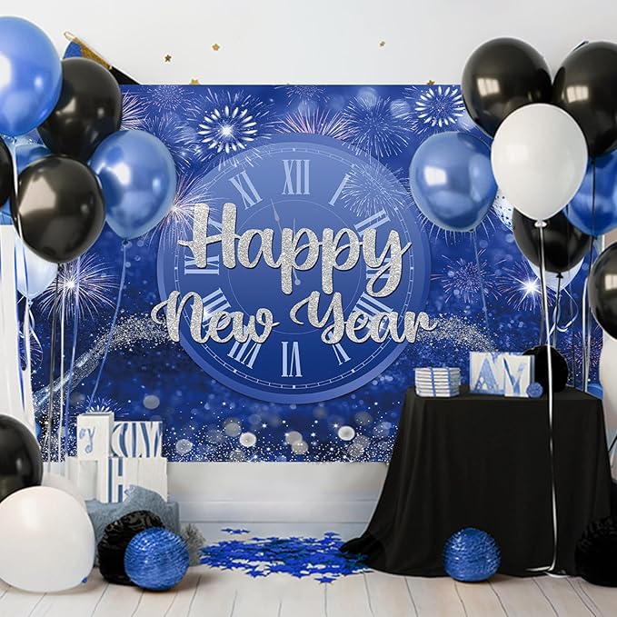 MEHOFOND Happy New Year Backdrop Blue 2026 New Year Eve Party Decorations Banner Supplies Shining Champagne Balloons Firework Photography Background New Years Eve Photo Studio Props 6 x 3.6 ft