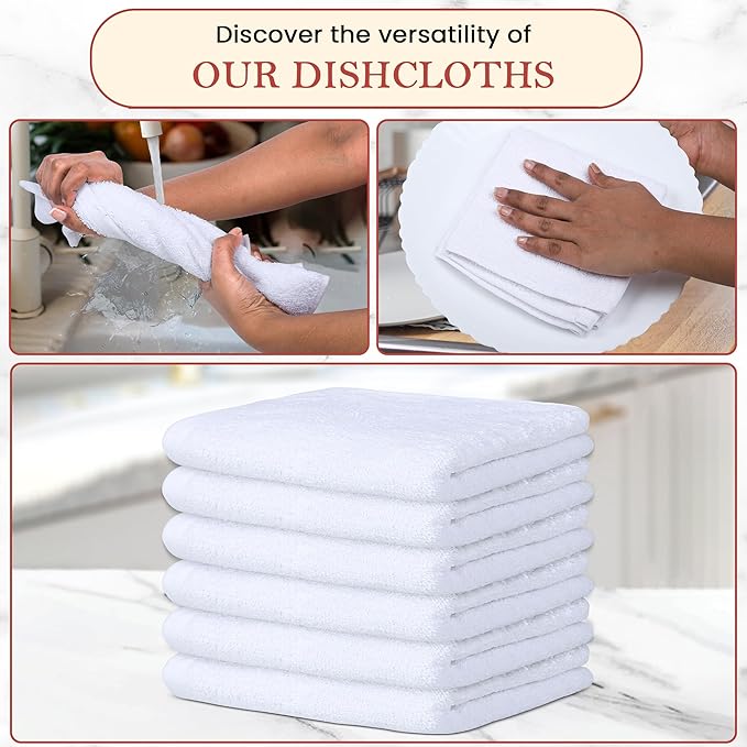 Vintage Vista 100% Cotton Dish Cloths (Pack of 6) - Dish Rags for Washing Dishes - Reusable & Highly Absorbent Kitchen Towels - Kitchen Rags for Christmas - (12" x 12" - White II)