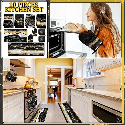 10 Pcs Christmas Marble Farmhouse Kitchen Decor Accessories Set Marble Kitchen Dish Towels Rugs Oven Mitts and Pot Holders Sets for Cooking Baking Daughter Mom Gift(Black)