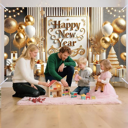 Nuxovilar Happy New Year Banner, Vintage Frame Golden Balloons Backdrop for Party Decorations, 71x43 Inch