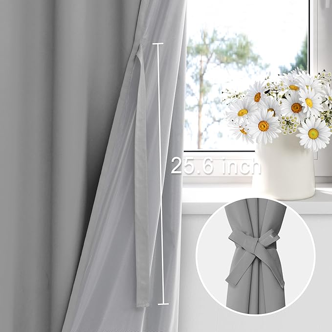 XWZO Full Shading Blackout Curtains 84 Inches Length with Tiebacks- Heat and Light Blocking Ring Top Window Drapes with Black Liner for Bedroom/Kid's Room, Light Grey, W70 x L84, Set of 2 Panels