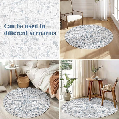 jinchan Round Rug 6ft Vintage Machine Washable Area Rug Kitchen Indoor Circle 6' Ultra-Thin Non-Slip Floral Print Carpet for Farmhouse Entryway Dining Room Living Room Bedroom Office (6'Round,Blue)