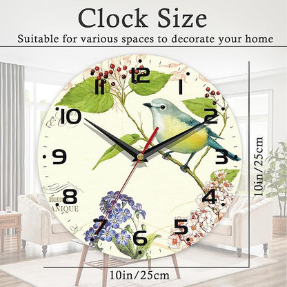 Wall Clock, 10 Inch Silent Non-Ticking Home Kitchen Decor, Battery Operated for Bathroom Bedroom Living Room Office(Vintage Watercolor Bird Flower)