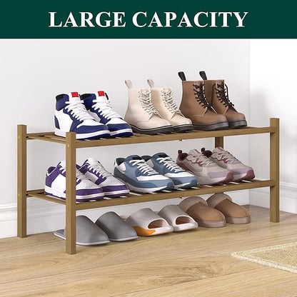 Smiry Bamboo Shoe Rack for Closet, 2 Tier Wooden Stackable Shoe Organizer, Free Standing Shoes Storage Shelf for Entryway, Front Door Entrance, Walnut
