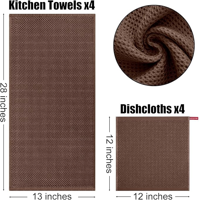 Kitinjoy 100% Cotton Kitchen Towels and Dishcloths Set, 8 Pack Waffle Weave Dish Towels Ultra Soft Absorbent Quick Drying Dish Rags, 13 x 28 Inch and 12 X 12 Inch, Coffee