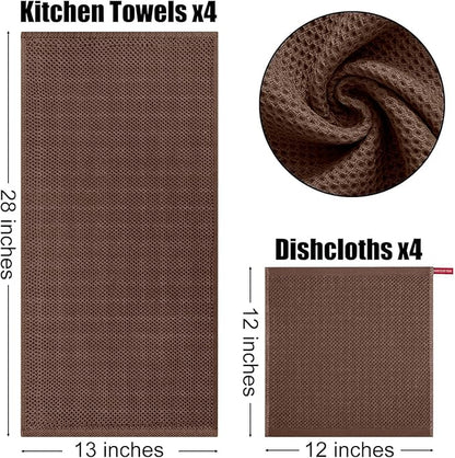 Kitinjoy 100% Cotton Kitchen Towels and Dishcloths Set, 8 Pack Waffle Weave Dish Towels Ultra Soft Absorbent Quick Drying Dish Rags, 13 x 28 Inch and 12 X 12 Inch, Coffee