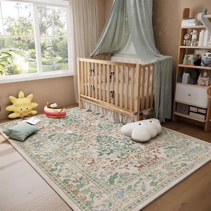 Washable Area Rugs for Living Room: 5x7 Bedroom Rug Vintage Area Rug Stain Resistant Non Slip Low Pile Lightweight Soft Carpets for Dining Room Kitchen Nursery Kids Room Playroom Home Office Indoor