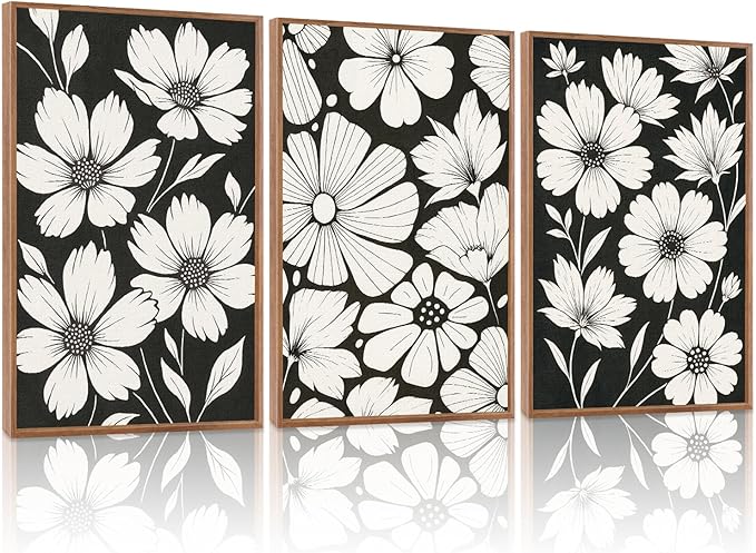 HLNIUC Abstract Black and White Framed Canvas Wall Art,White Daisy Flower Plant Poster,Modern Minimalist Floral Painting,Botanical Floral Canvas Art Print for Living Room Bedroom-16 x24 x3