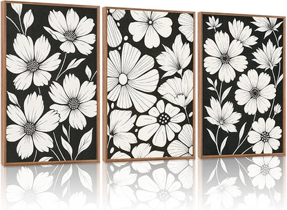 HLNIUC Abstract Black and White Framed Canvas Wall Art,White Daisy Flower Plant Poster,Modern Minimalist Floral Painting,Botanical Floral Canvas Art Print for Living Room Bedroom-16 x24 x3