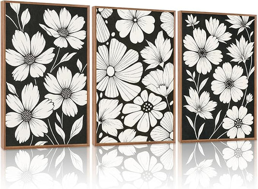 HLNIUC Abstract Black and White Framed Canvas Wall Art,White Daisy Flower Plant Poster,Modern Minimalist Floral Painting,Botanical Floral Canvas Art Print for Living Room Bedroom-16 x24 x3