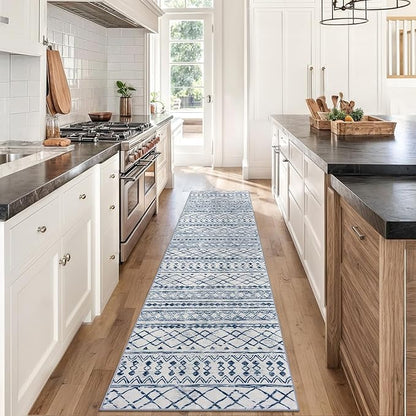 KUTA Moroccan Washable Hallway Runner Rug, 2x8 Non-Slip Vintage Blue White Boho Kitchen Rugs Ultra Soft Print Distressed Geometric Floor Carpet Runners for Bedroom Laundry Living Room