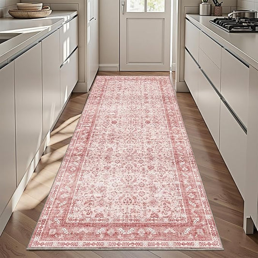 OPPODREAM Thin Vintage Pink 3x6 Runner Rug, 3 x 6 Retro Washable Rug Non Slip, Low-Pile Faux Wool Carpet, Distressed Floor Mat for Kitchen, Hallway, Entry-Way, Entrance, Indoor Back Door
