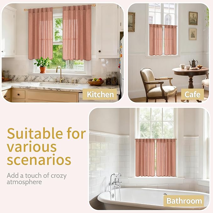 YoungsTex Rust Terracotta Linen Curtains 40 Inch Length, Short Burnt Orange Drapes with Rod Pocket Back Tab Light Filtering for Bathroom Living Room Windows, 2 Panels, 42 X 40 Inch