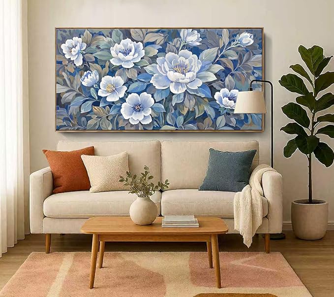 ARTZON Framed Extra Large Canvas Wall Art Blue Floral Peony Blossom Picture Botanical Flower Prints Oversized Horizontal Art work for Wall Decor Home Above Bed Dining Room Living Room Hallway 58"x29"