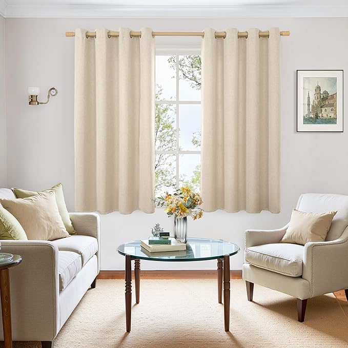 BGment Short Oatmeal Linen Curtains 54 Inch Length 2 Panels for Window, Thick Privacy Drapes Light Filtering with Grommet No See Through for Bedroom Living Room, Each 52 Inch Wide