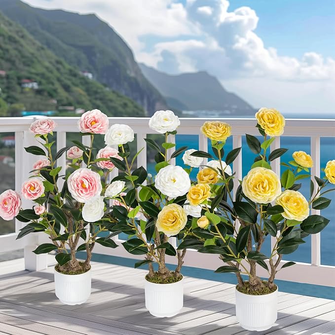 2 Pack Artificial Camellia Tree with White Pot, 24" Faux Potted Plants for Indoor Outdoor Decor, Tall Silk Greenery Plant for Home Office Living Room Balcony, White