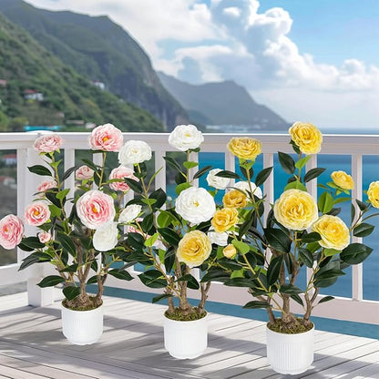 2 Pack Artificial Camellia Tree with White Pot, 24" Faux Potted Plants for Indoor Outdoor Decor, Tall Silk Greenery Plant for Home Office Living Room Balcony, White