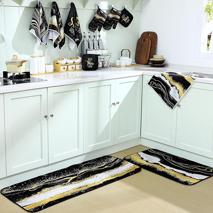 10 Pcs Christmas Marble Farmhouse Kitchen Decor Accessories Set Marble Kitchen Dish Towels Rugs Oven Mitts and Pot Holders Sets for Cooking Baking Daughter Mom Gift(Black)