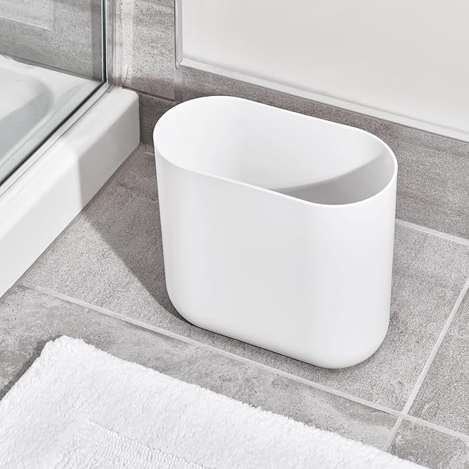 iDesign Small Slim Plastic Bathroom Trash Can, Garbage Can for Bedroom, Office, Desk, Dorm, White