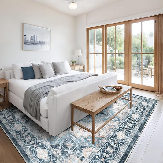 Washable 5×7 Area Rug for Living Room, Vintage Floral Rug Soft Non Slip Stain Resistant Boho Carpet for Indoor Bedroom Dinning Room Home Office Blue/Ivory