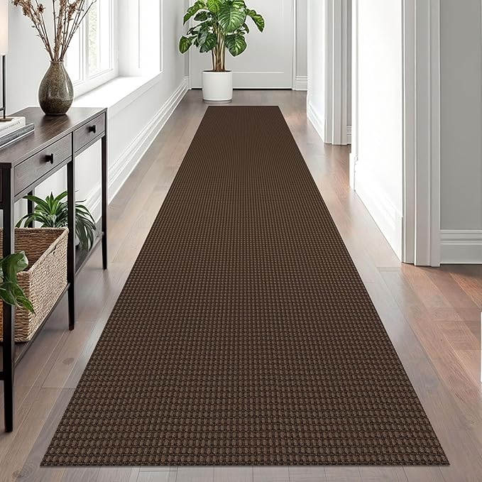 EARTHALL Woven Runner Rug 2.6x12 Ft Washable Runners for Hallways Extra Long Cotton Non Slip Rubber Backed Kitchen Runner Braided Indoor Floor Carpet for Entryway, Hall, Kitchen, Brown