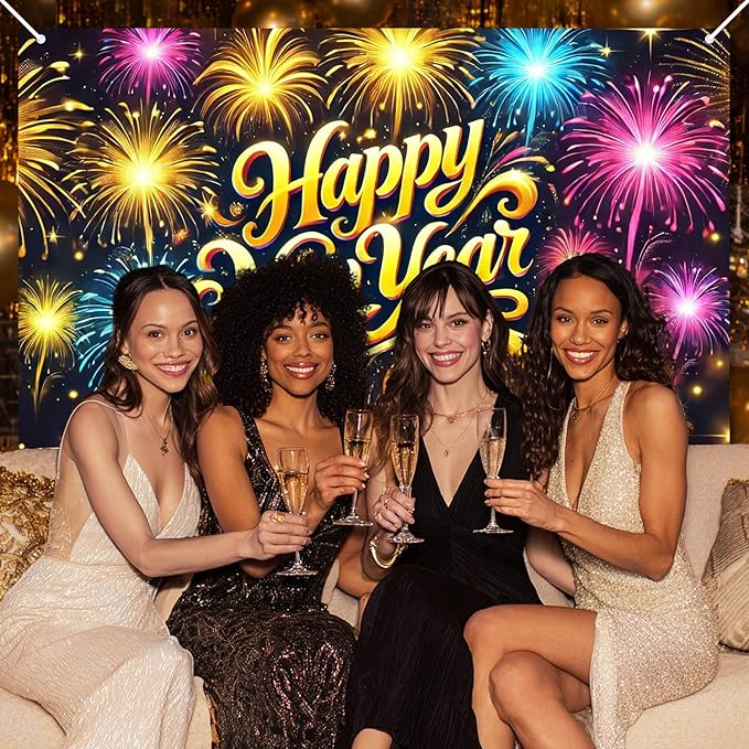 2026 Happy New Year Banner Fireworks Party Backdrop Gold Lettering New Year Eve Wall Decor Large Celebration Photo Background for Indoor Outdoor Holiday Events