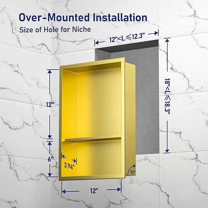 Stainless Steel Shower Niche 18" X 12" Gold No Tile Needed Vertical Niche Shower with Two- Tier Shelves Recessed Wall Niches for Bathroom Storage Over Mount Installation