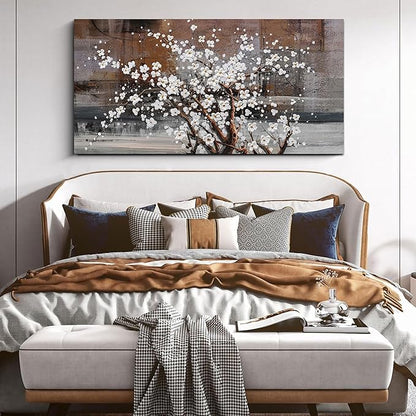Wall Art for Living Room Large Modern Wall Decor Canvas Paintings for Wall Decorations White Flower Graffiti on Brown Background Bedroom Office Artwork Plum Blossom Art Prints Framed 24x48 inches