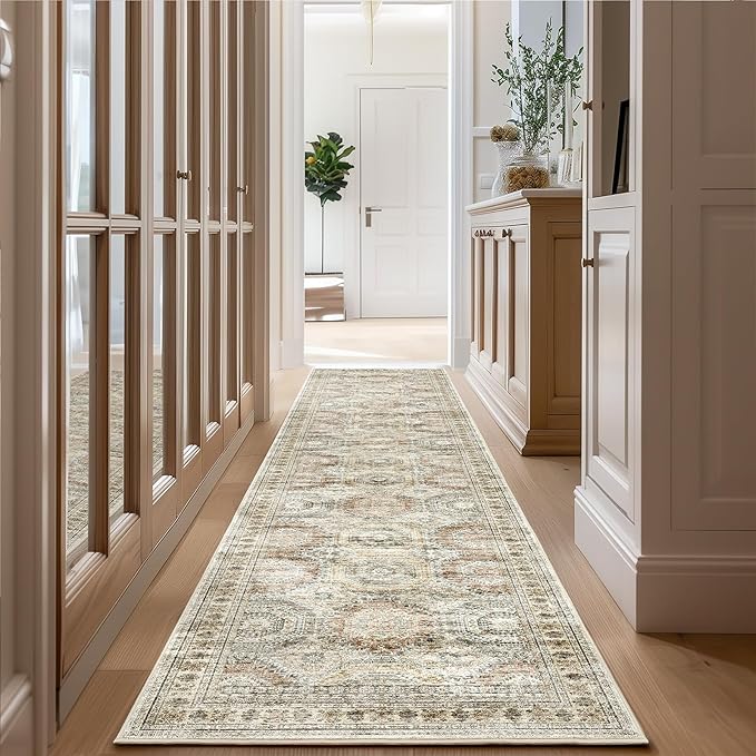 Long Bathroom Rugs Runner - Washable Runner Rugs for Hallway 2x10, Ultra-Thin Soft Kitchen Carpet Runner, Anti Slip Backing Runner Rugs for Entrance, Bedroom, Living Room(2'x10', Brown/Pink)