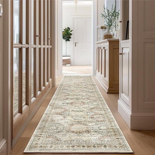 Long Bathroom Rugs Runner - Washable Runner Rugs for Hallway 2x10, Ultra-Thin Soft Kitchen Carpet Runner, Anti Slip Backing Runner Rugs for Entrance, Bedroom, Living Room(2'x10', Brown/Pink)