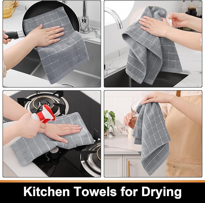 Mordimy 100% Cotton Terry Cloth Kitchen Towels, Super Soft and Absorbent Dish Towels for Drying, Checkered Designed Hand Towels for Kitchen, 16 x 26 Inches, 8 Pack, Light Grey