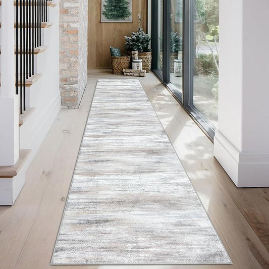 KOZYFLY Modern Abstract Kitchen Runner Rug, 2x12 Washable Rug Runner Non-Slip Soft Striped Hallway Runner Rugs, Beige Print Carpet Runner for Entryway Bathroom Laundry Room Foyer