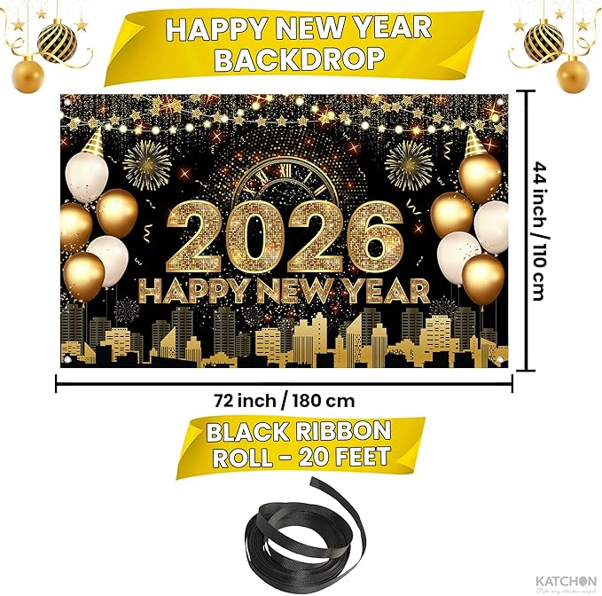 Katchon, Xtralarge Happy New Year Banner - 72x44 Inch | Gold Happy New Year 2026 Banner for New Years Decorations 2026 | NYE Backdrop for New Years Eve Party Supplies 2026 | NYE Decorations 2026