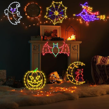 16" Halloween Window Silhouette Lights Decorations - 6 Pack Colour Lighted Cat on Moon ＆ Ghost ＆ Spider Web ＆ Pumpkin ＆ Witch ＆ Bat for Holiday Indoor and Outdoor Wall Door Window Decorate