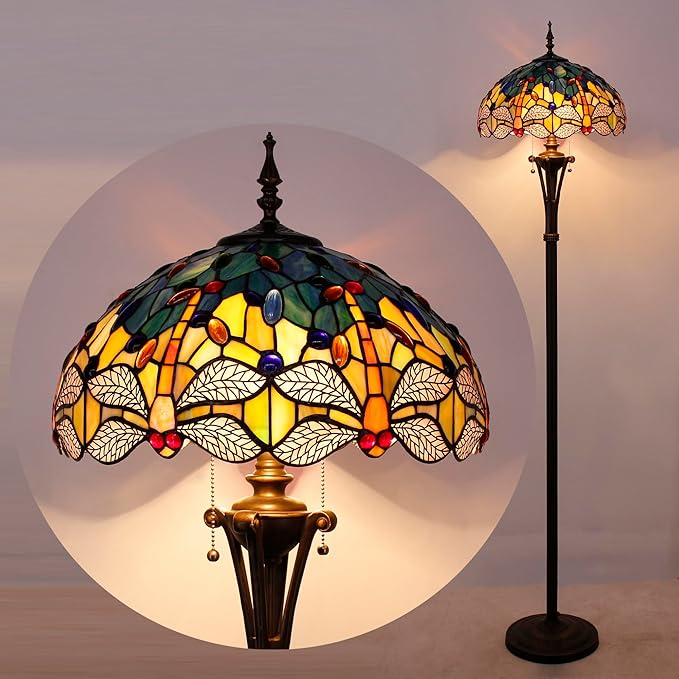 Tiffany Floor Lamp Blue Yellow Stained Glass Dragonfly Standing Reading Light 16X16X70 Inches Antique Pole Corner Lamp Decor Bedroom Office Living Room