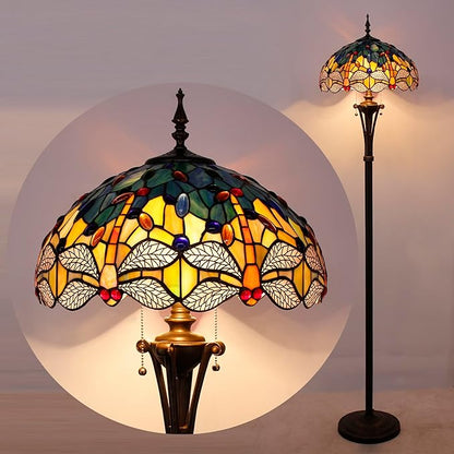 Tiffany Floor Lamp Blue Yellow Stained Glass Dragonfly Standing Reading Light 16X16X70 Inches Antique Pole Corner Lamp Decor Bedroom Office Living Room