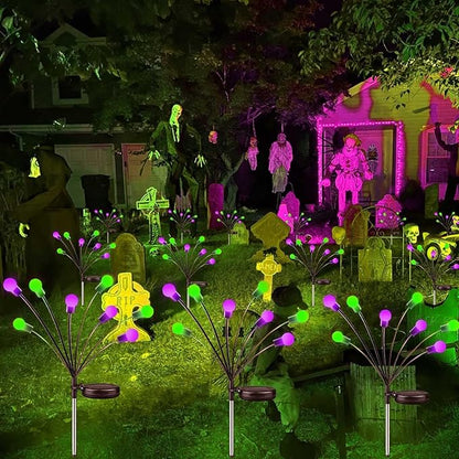 6Pack Total 48 LED Purple and Green Solar Halloween Lights Outdoor - Solar Firefly Lights Outdoor, Sway by Wind, Waterproof for Garden Patio Pathway Halloween Decorations