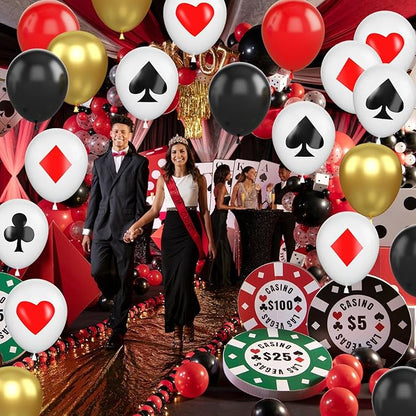 Poker Balloons, Casino Theme Party Balloons, 12 Inches 50 Pcs Red Black and White Balloons Poker Card Latex Balloon for Casino Night Poker Las Vegas Game Night Casino Party Decor